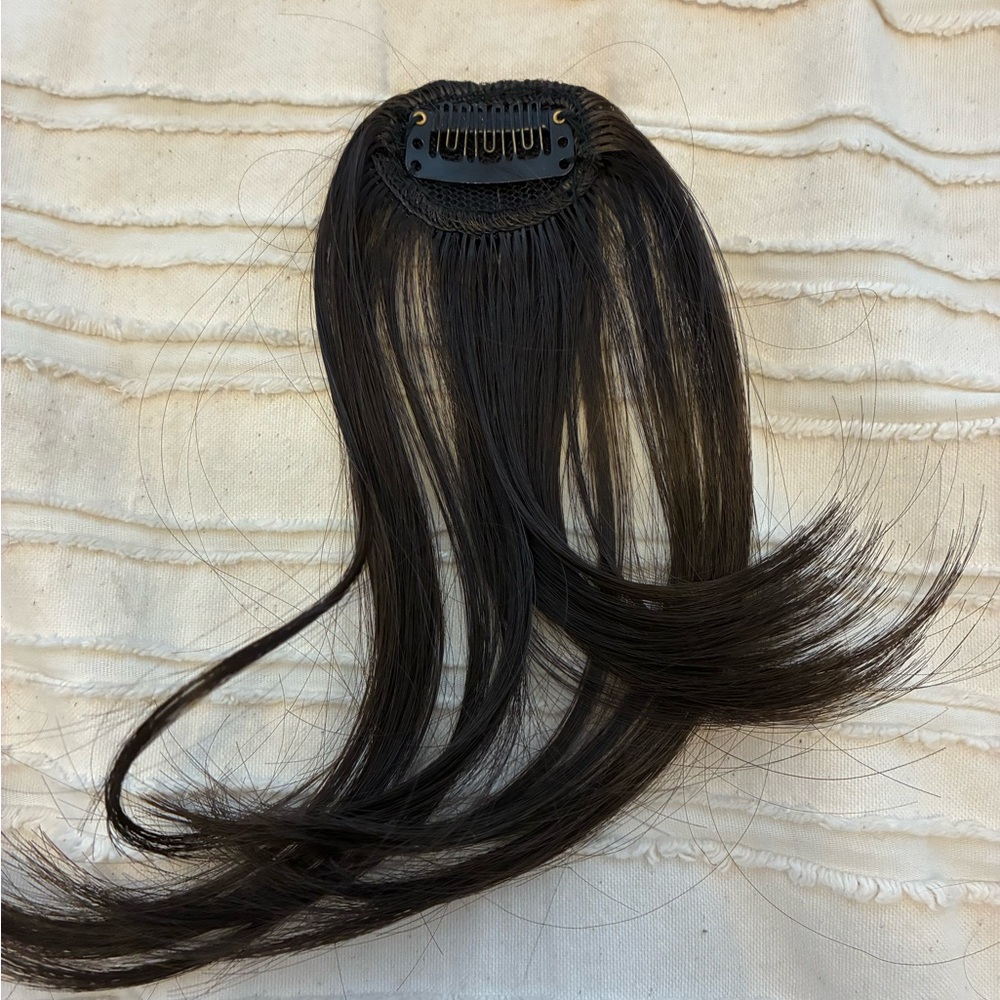 Clip on bangs hair extension in blackest brown/very dark brown. New